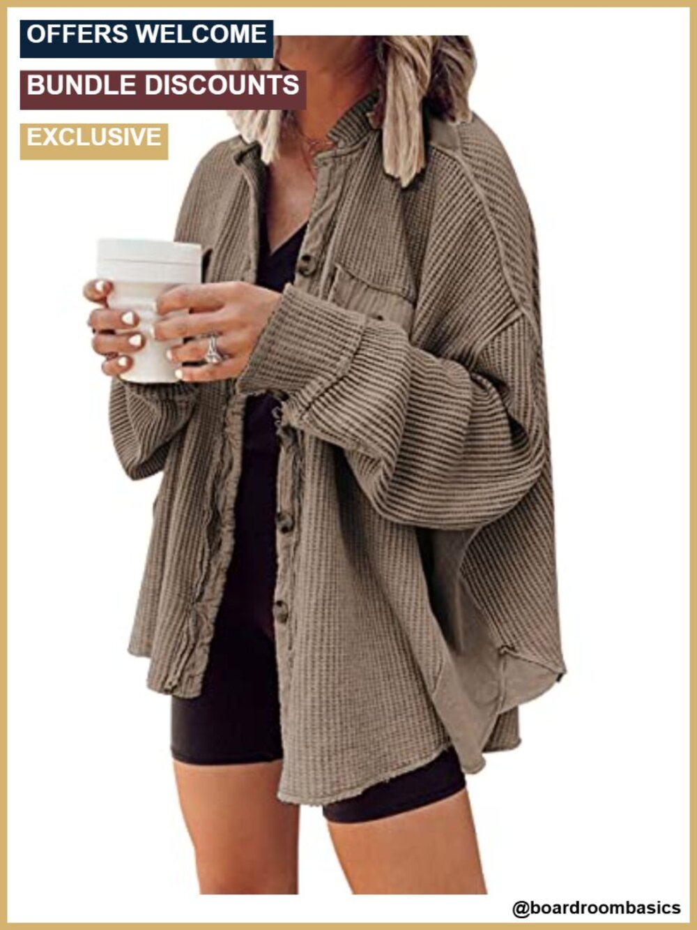 Waffle Knit Batwing Sleeve Button Down Shacket Top